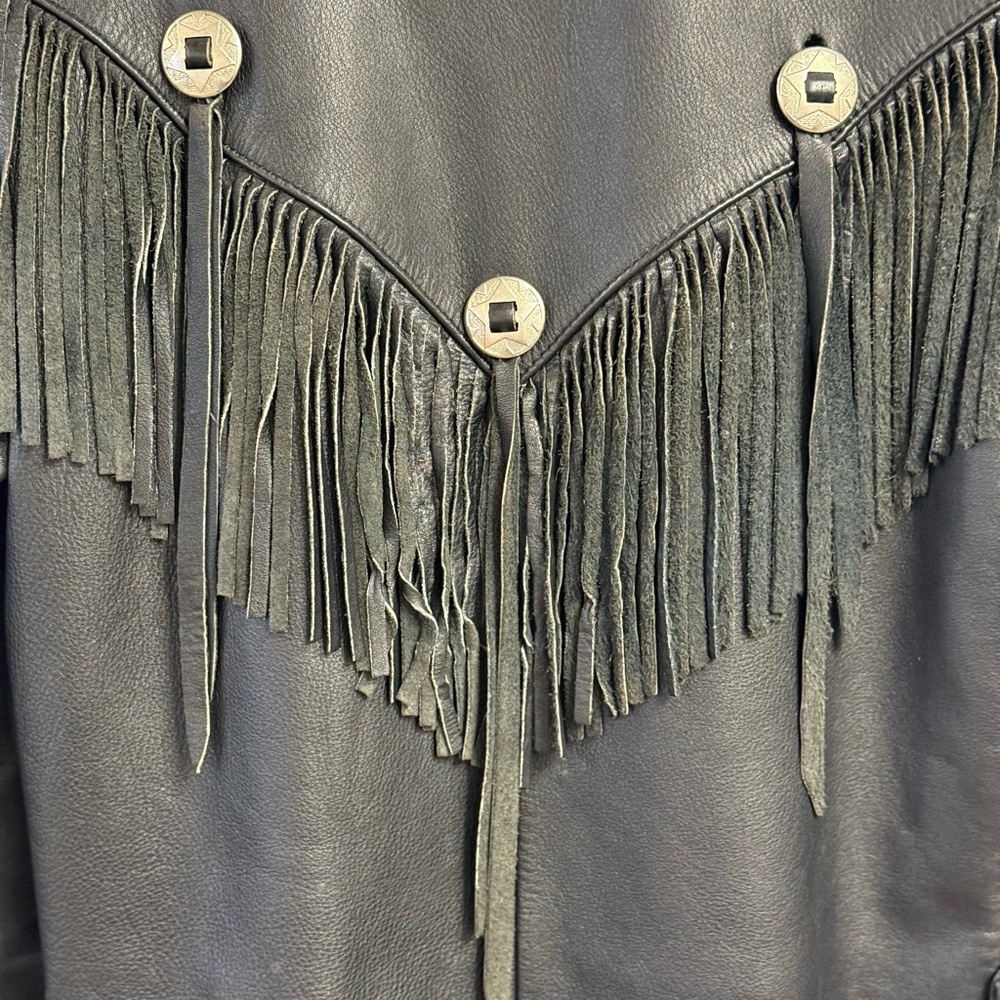 Verducci size 38 black leather fringe moto jacket skull buttons - Picture 8 of 15